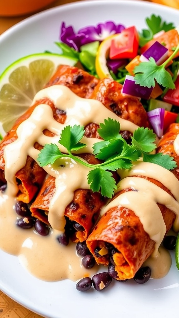 Black bean and sweet potato enchiladas topped with cashew sauce and garnished with cilantro on a plate.